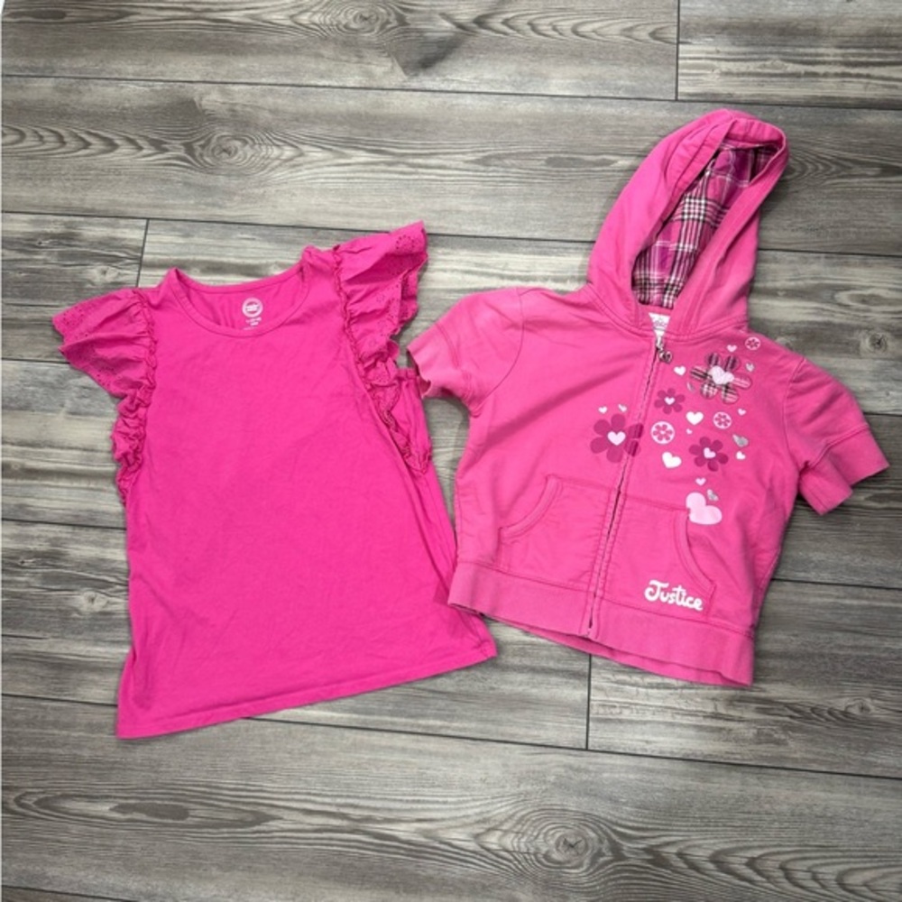Girl’s Short Sleeve Pink Hoodie and Ruffle Sleeve Tee Set Size 10-12